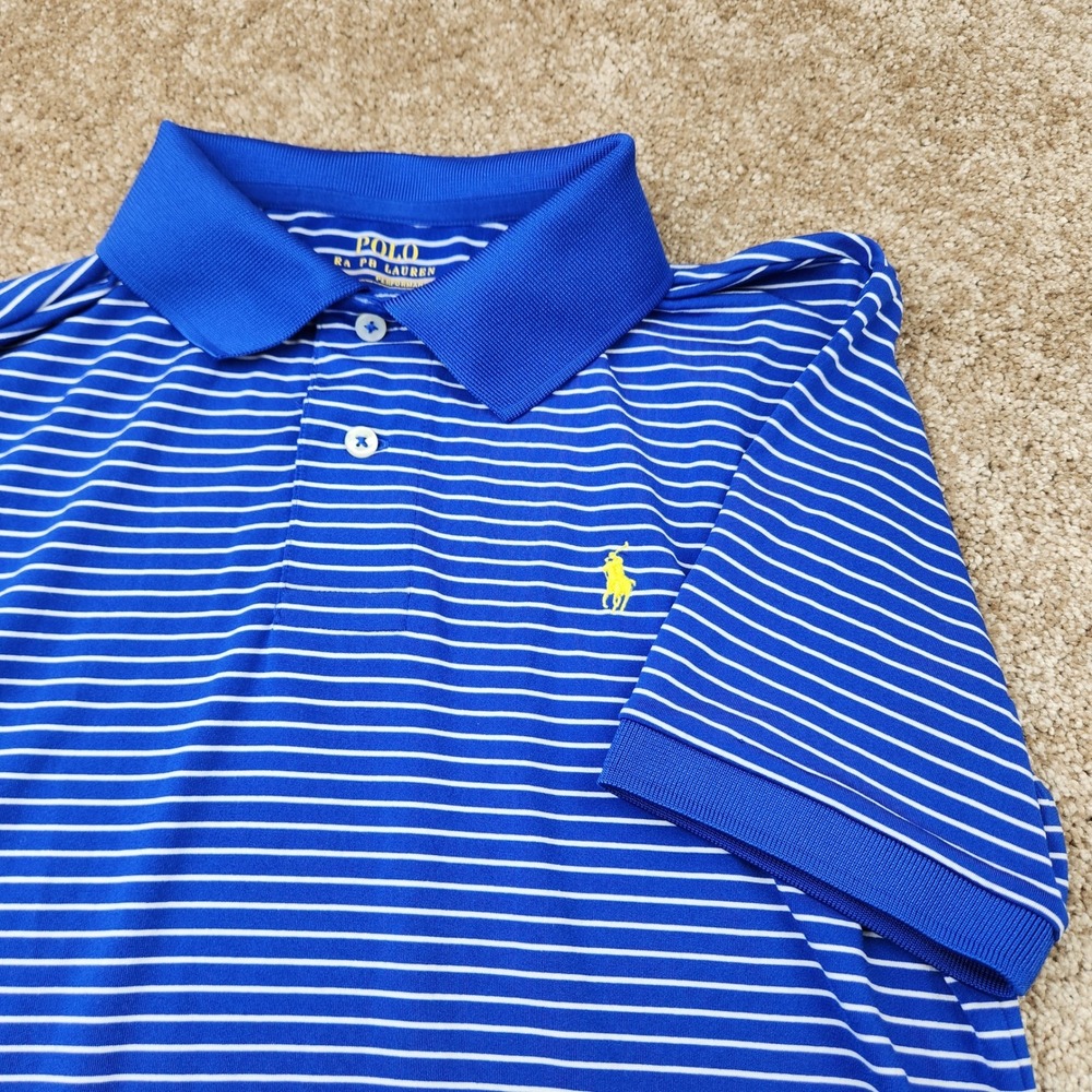 Polo Ralph Lauren Kids Performance Striped Polo Shirt Blue White Yellow Pony M